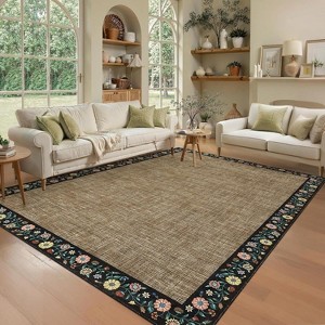 Area Rugs for Living Room Bedroom Modern Floral Bordered Rug Non-Slip Low Pile Accent Carpet Soft Foldable Rug Home Decor - 1 of 4