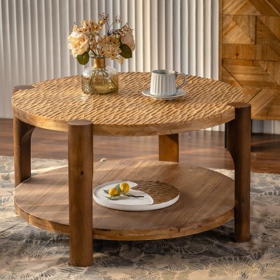 35" Mid Century Round Coffee Table with Storage Shelf,2-Tier Solid Wood Center Table for Living Room or Small Space–The Pop Home
