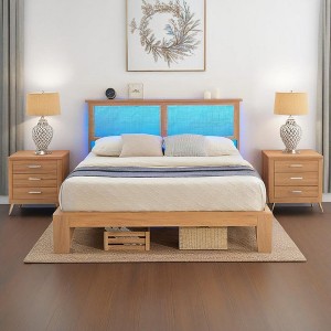 Rattan Full Size Bed Frame, Natural Rattan Headboard, with LED Lights, Under Bed Storage and Wooden Legs Support, Noise-Free, No Box Spring Needed - 1 of 4