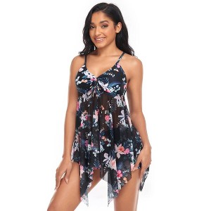 Women's Tankini Swimsuits Two-Piece Tummy Control Bathing Suits Printed Flowy Mesh Swimwear with Boyshort - 1 of 4