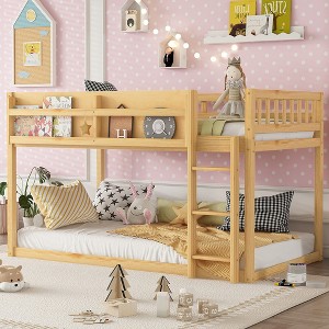 Racxily Low Twin Over Twin Bunk Bed, Floor Bunk Bed with Ladder, Solid Wood Twin Bunk Bed for Kids & Juniors - 1 of 4