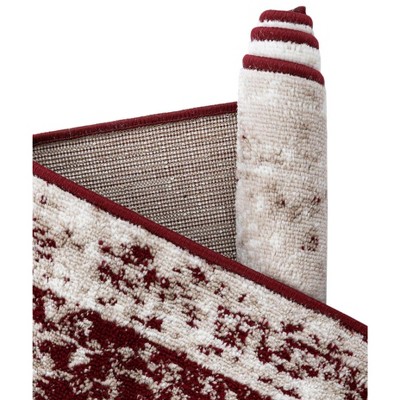 Burgundy and Tan Low Pile Synthetic Area Rug