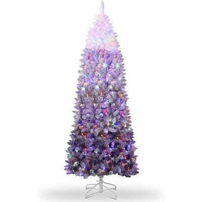 TackView Prelit Artificial Christmas Tree, Pre-Lit Snow Flocked Pencil Christmas Tree with RGB & Warm White Lights, Foldable Base