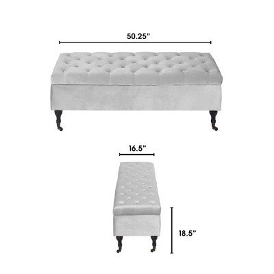 Pearl Gray Velvet Tufted Storage Bench with Wheels