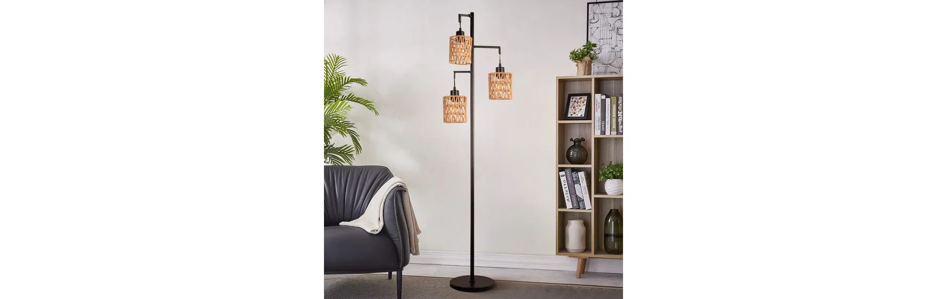 Boho Rattan Floor Lamp - Standing Lamps for Living Room Dimmable Floor Lamp with Cage Shade, Industrial Farmhouse Floor Lamps Rustic Floor Lamps