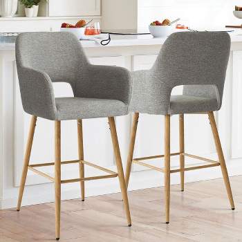 Atlanta Counter Height Bar Stools Set of 2 with Back and Armrest, Linen Fabric Upholstered Accent Barstools-The Pop Maison