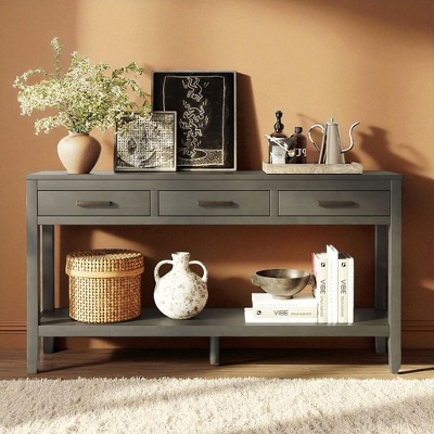 62.2" Farmhouse Console Table with 3 Drawers & Shelf, Entryway Sofa Table with Iron Handles for Living Room, Hallway, Office