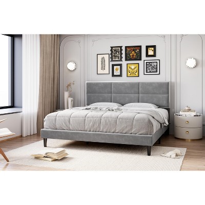 Upholstered Full Size Platform Bed Frame (Gray Velvet Headboard) – Modern Metal Frame, Wood Slats Support, Noise-Free, No Box Spring Required