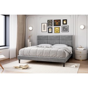 Upholstered Full Size Platform Bed Frame (Gray Velvet Headboard) – Modern Metal Frame, Wood Slats Support, Noise-Free, No Box Spring Required - 1 of 4