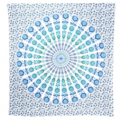 HomeRoots 92" X 84" Blue Green And White Mandala Cotton Hanging Tapestry
