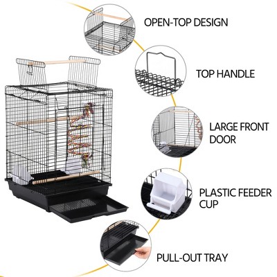 Black Steel Open Top Travel Bird Cage with Play Area