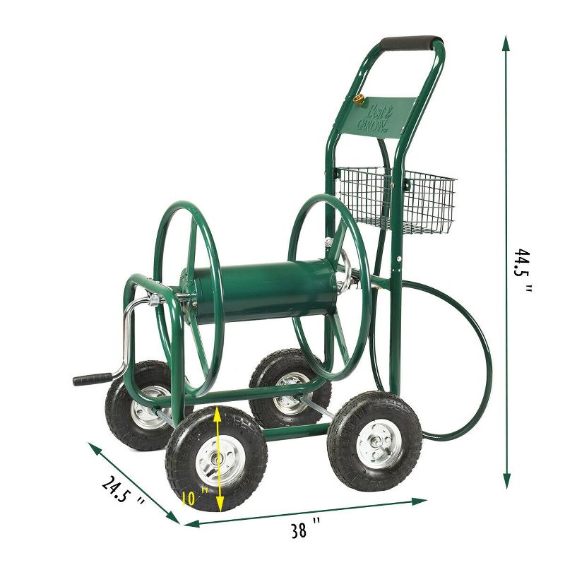 Garden Rolling Cart Heavy Duty With Steel Water Hose Holder With Basket Green, 2 of 11