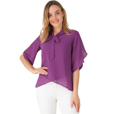 INSPIRE CHIC Women's Tie Neck 3/4 Sleeve Asymmetrical Hem Chiffon Blouse