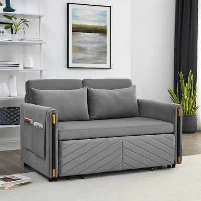 54" Modern Convertible Sofa Bed With 2 Detachable Arm Pockets Velvet Loveseat Sofa With Pull Out Bed 2 Pillows Adjustable Backrest Design Armrests