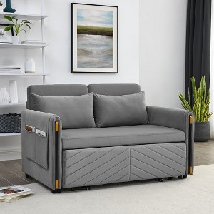 54" Modern Convertible Sofa Bed With 2 Detachable Arm Pockets Velvet Loveseat Sofa With Pull Out Bed 2 Pillows Adjustable Backrest Design Armrests - 1 of 4