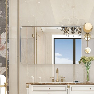 Brushed Silver Square Bathroom Vanity Mirror, Decorative Wall-Mounted Aluminum Frame Makeup Mirror – The Pop Home