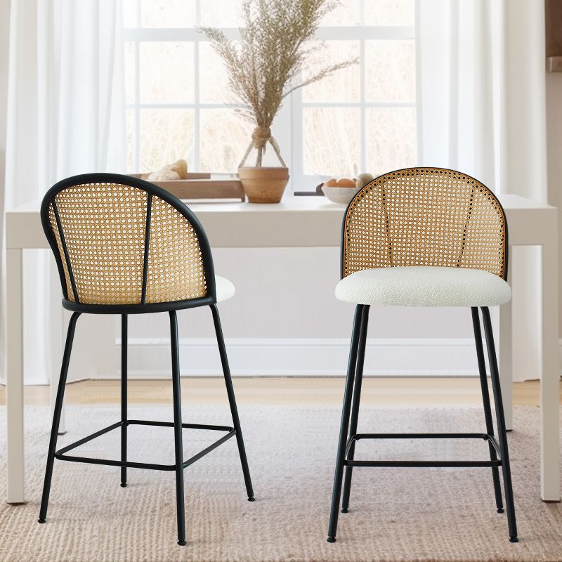 Jules Set of 2 Mesh Rattan Backrest Counter Stools with Back, Armless Upholstered Bouclé Fabric And Black Metal Base-The Pop Maison, 1 of 10