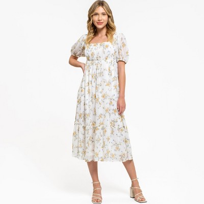 August Sky Women's Balloon Sleeve Midi Dress RDH2008_Cream Multi_Large