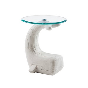 Weldon The Whale Carved Wood and Glass Top Side Table Costal White Driftwood - Linon - 1 of 4