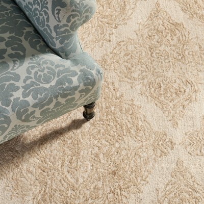 Ivory and Beige Hand Tufted Wool Damask Rug
