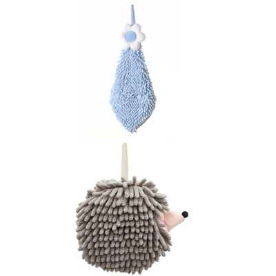 REGALWOVEN 2 Packs Chenille Hand Towel Flower and Cute Cartoon Hanging Hand Towel for Bathroom 6" x 15"/7" x 7"