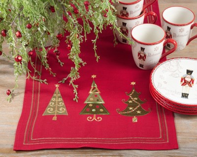 Red Embroidered Christmas Tree Polyester Table Runner