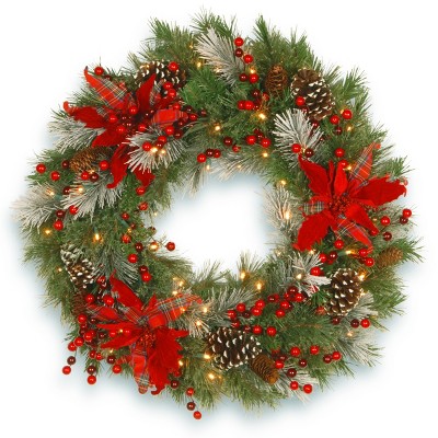 30" Prelit LED Tartan Plaid Wreath White Lights - National Tree Company