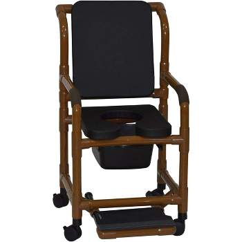 MJM International Corporation shower chair 18 in width 3 in BLACK seat BLACK cushion padded back sliding footrest 10 qt slide mode pail 300 lb wt
