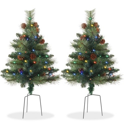 Casafield Set of 2 Outdoor Pathway Christmas Trees, Realistic Walkway Pre-Lit Holiday Decor with Pinecones and LED Multi-colored Lights