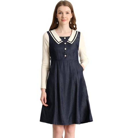 Женские платья INSPIRE CHIC Women's Chambray Contrast Collar Long Sleeve Denim Dresses X-Small Blue