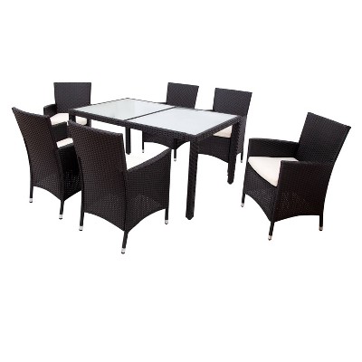 Wellfor 7pc Outdoor Wicker Dining Table Set with Tempered Glass Table Beige: PE Rattan, Powder-Coated Steel Frame