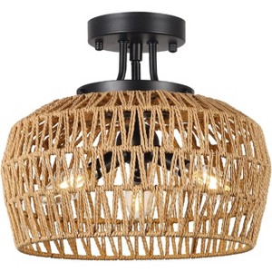 Gulches 11 in Brown Boho 3-Light Dimmable Semi Flush Mount Ceiling Light for Living Room with Handmade Rattan Wicker Shade - 1 of 4