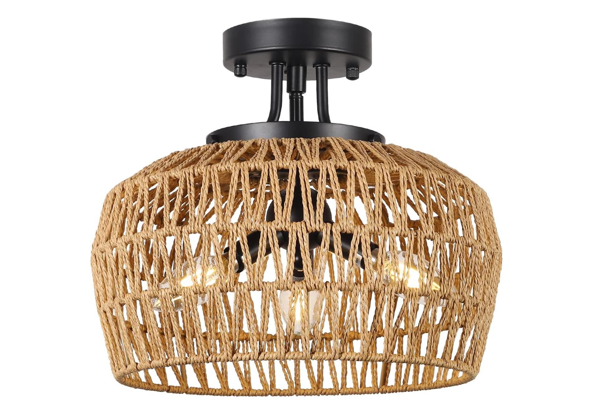 Gulches 11 in Brown Boho 3-Light Dimmable Semi Flush Mount Ceiling Light for Living Room with Handmade Rattan Wicker Shade