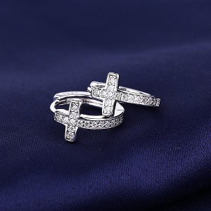 18K Gold Cross Huggie Earring with Genuine Crystals - 1 of 4