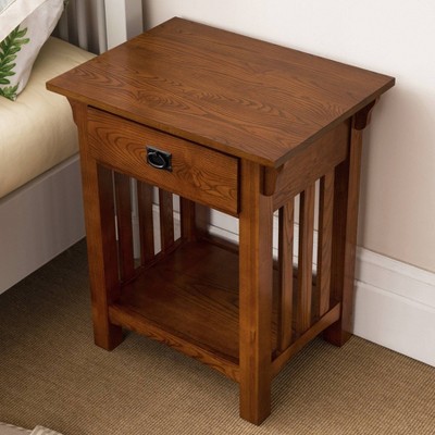 Medium Oak Mission Style End Table with Drawer and Shelf