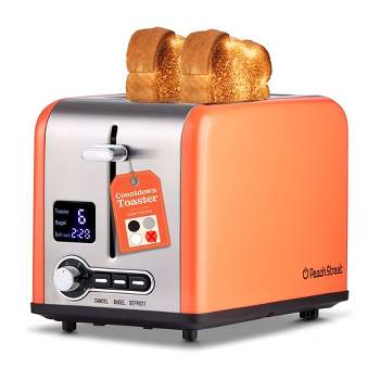 Peach Street 2 Slice Digital Countdown Bread Toaster, Stainless Steel, 6 Browning Levels, Removable Crumb Tray, Defrost, Bagel, Button