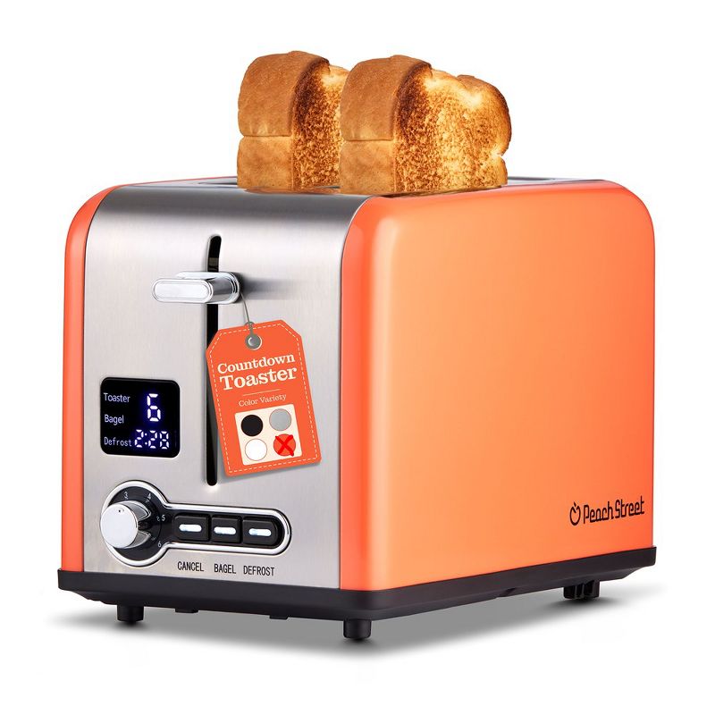 Peach Street 2 Slice Digital Countdown Bread Toaster, Stainless Steel, 6 Browning Levels, Removable Crumb Tray, Defrost, Bagel, Button, 1 of 10