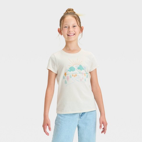 Girls' Short Sleeve 'Mountains' Graphic T-Shirt - Cat & Jack™ Beige - image 1 of 4