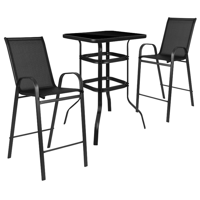 Emma and Oliver 3 Piece Outdoor Bar Height Set-Glass Patio Bar Table-Black All-Weather Barstools, 1 of 13