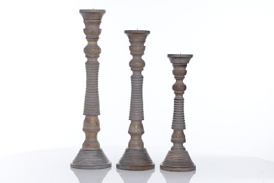Mocha Brown Mango Wood Candlestick Trio with Gray Wash