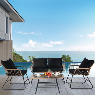 Patio Furniture Set of 4,Outdoor Wicker Conversation Sets,1Loveseat & 2 Armchairs with Cushion and Pillow,Glass Top Table for Backyard,Porch,Balcony