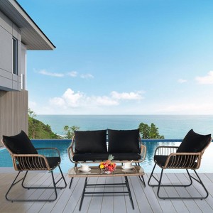 Patio Furniture Set of 4,Outdoor Wicker Conversation Sets,1Loveseat & 2 Armchairs with Cushion and Pillow,Glass Top Table for Backyard,Porch,Balcony - 1 of 4