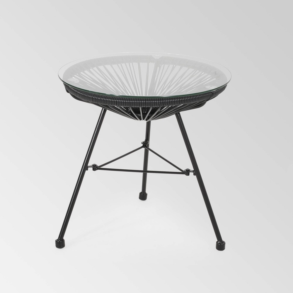Nusa Faux Rattan Modern Side Table - Black - Christopher Knight Home: Weather-Resistant, Tempered Glass Top