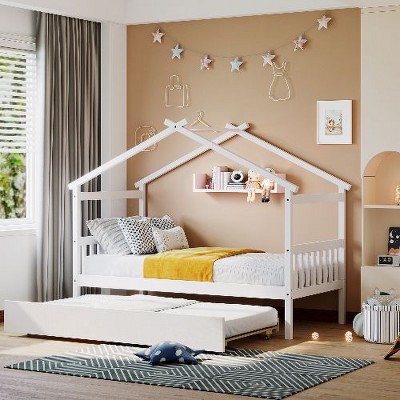 CAVINAS Twin Size Bed Frame, Wooden House Bed with Pull-Out Trundle, House-Shaped Bed for Kids, Teens, Girls, Boys