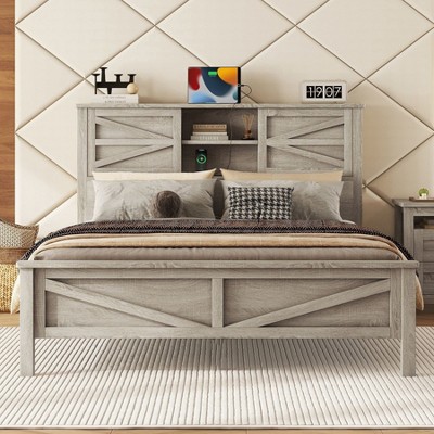 NicBex Full/Queen Farmhouse Bed Frame with Move Storage Headboard,Platform Bed with Charging Station,No Box Spring Needed,White/Gray
