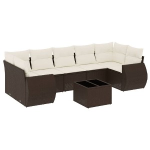 vidaXL 8 Piece Patio Sofa Set with Cushions Brown Poly Rattan - Brown and Cream - 1 of 4