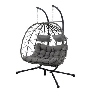 Nestfair 74.8" 2 Person Outdoor Patio Wicker Swing Egg Chair with Cushion Light Gray - 1 of 4