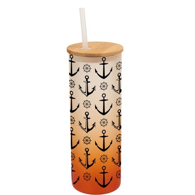 Elanze Designs Nautical Anchor Sailboat Helm Ocean Life Wrap-Around Design 25 Ounce Frosted Gradient Glass On-The-Go Coffee Travel Skinny Tumbler Mug