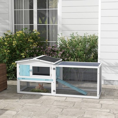 2 Story Outdoor Indoor Rabbit Hutch with Asphalt Roof Detachable Run and Slide Out Tray,61'' Large Bunny Cage - LAOTIES