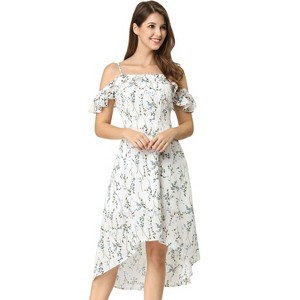 Allegra K Women's Spaghetti Straps Ruffled Sleeves Asymmetrical High Low Floral Midi Sundresses - 1 of 4